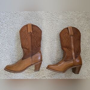 Vintage Dexter USA Brown Leather and cloth Stacked Heel Cowgirl Boots 8.5 M Vtg.